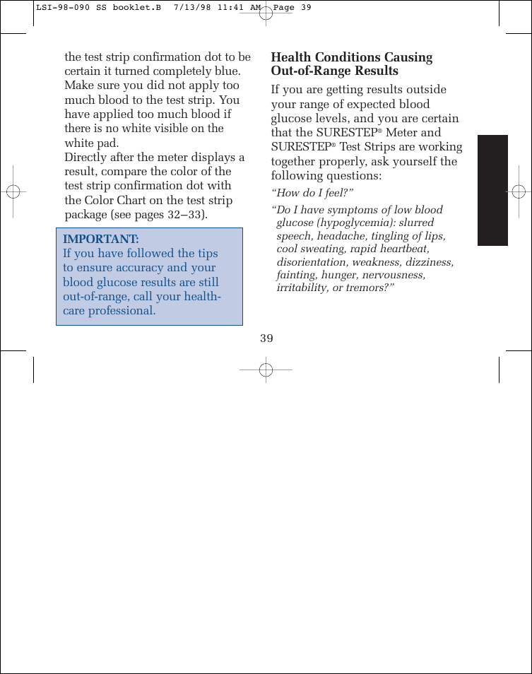 Health conditions causing out-of-range results | Lifescan SureStep blood glucose monitoring system User Manual | Page 47 / 77