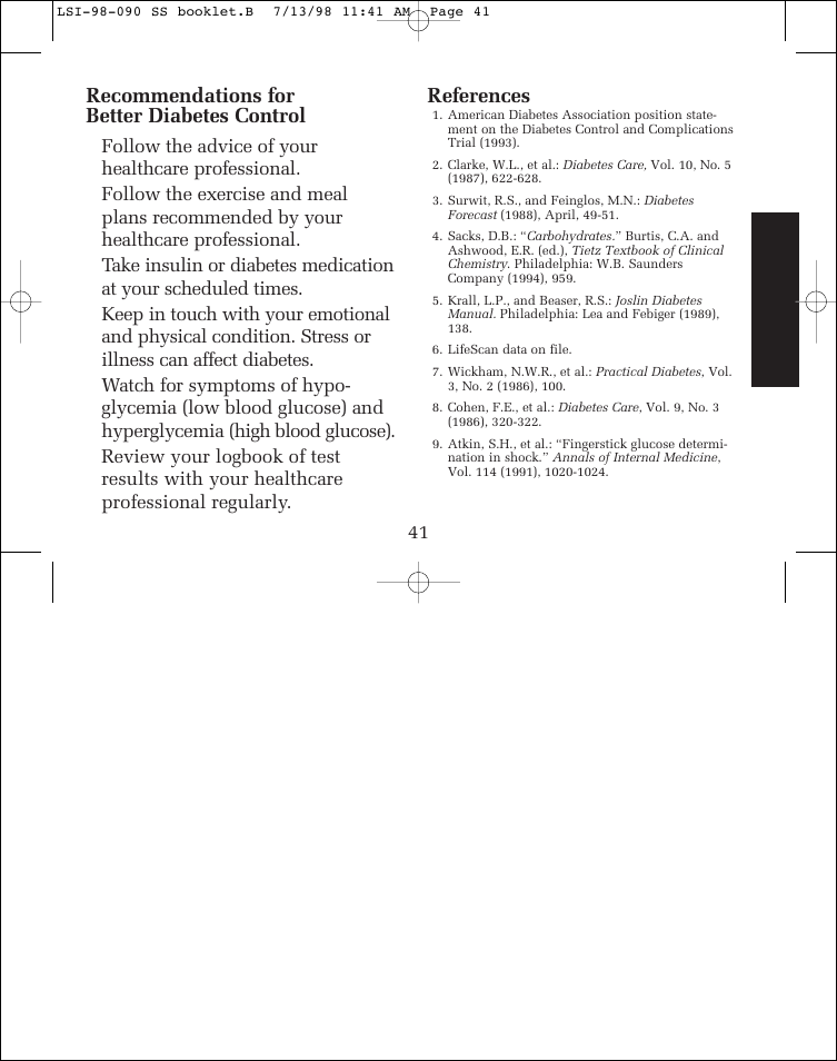 Recommendations for better diabetes control, References, Follow the advice of your healthcare professional | Lifescan SureStep blood glucose monitoring system User Manual | Page 49 / 77