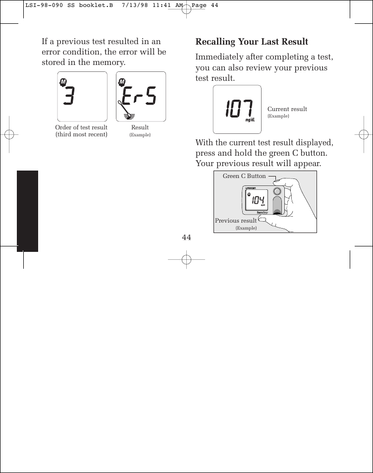 Recalling your last result | Lifescan SureStep blood glucose monitoring system User Manual | Page 52 / 77