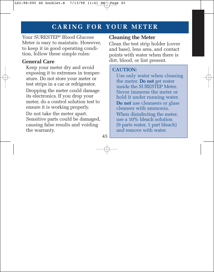 General care, Cleaning the meter | Lifescan SureStep blood glucose monitoring system User Manual | Page 53 / 77