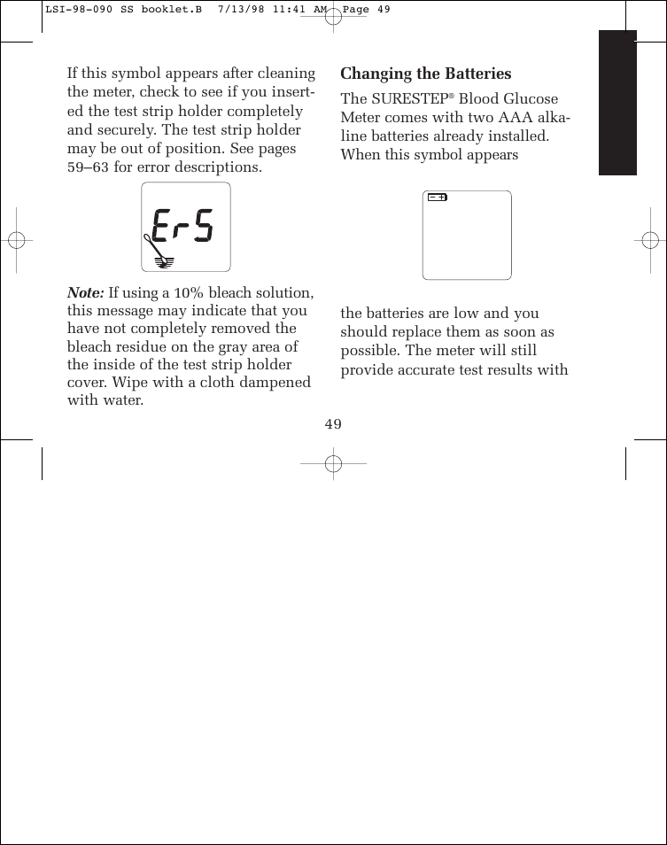 Changing the batteries | Lifescan SureStep blood glucose monitoring system User Manual | Page 57 / 77