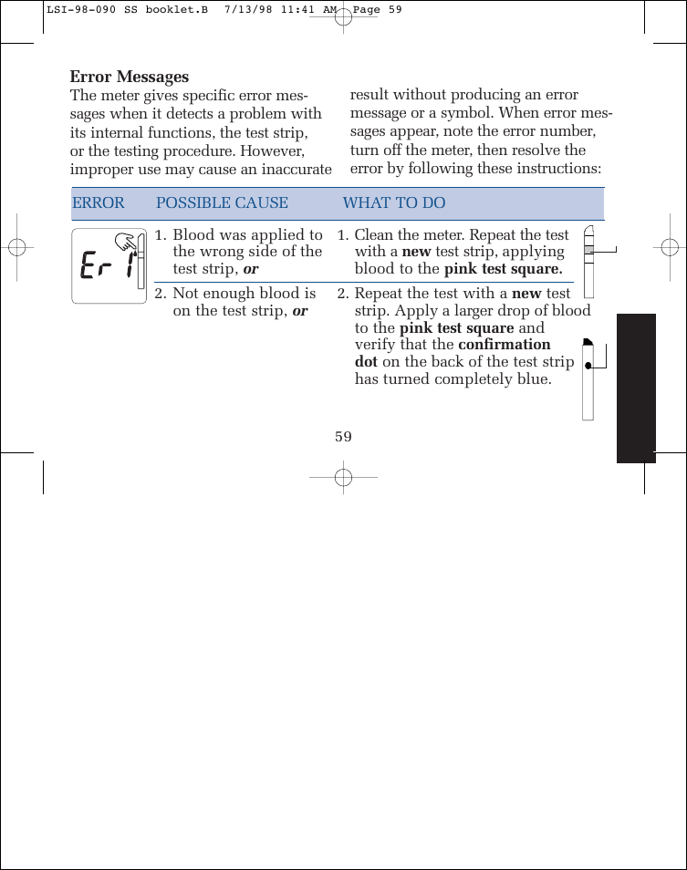Error messages | Lifescan SureStep blood glucose monitoring system User Manual | Page 67 / 77