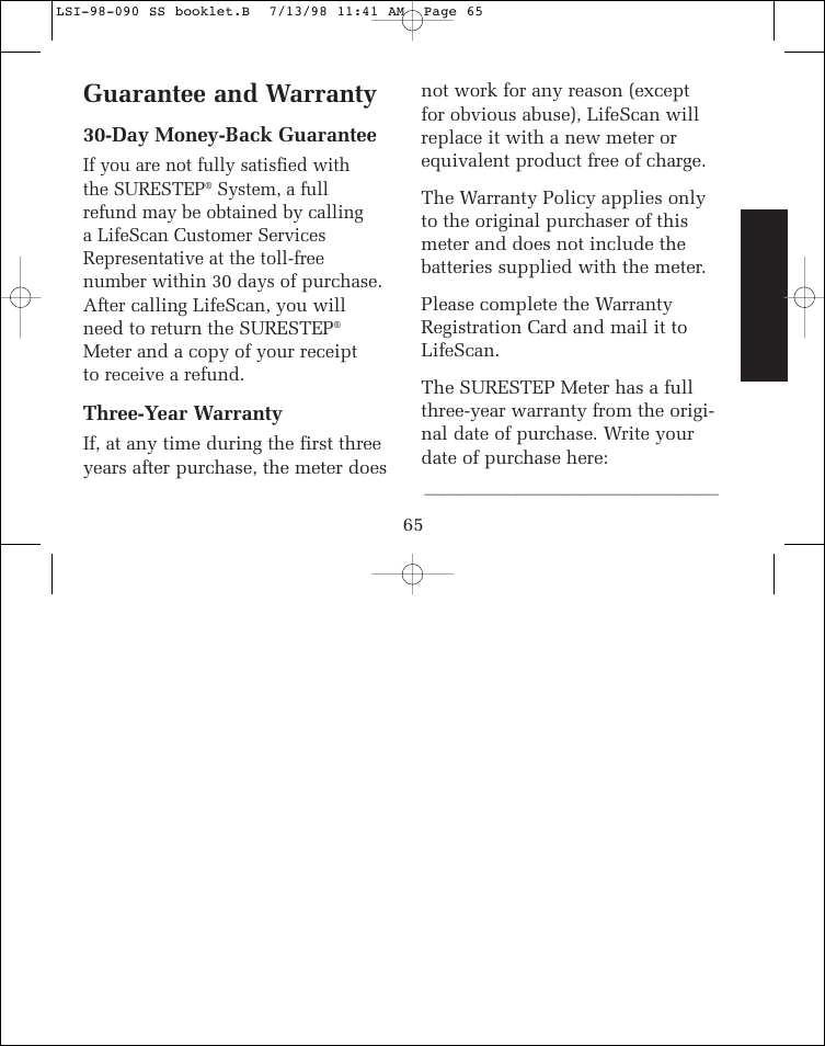 Guarantee and warranty | Lifescan SureStep blood glucose monitoring system User Manual | Page 73 / 77