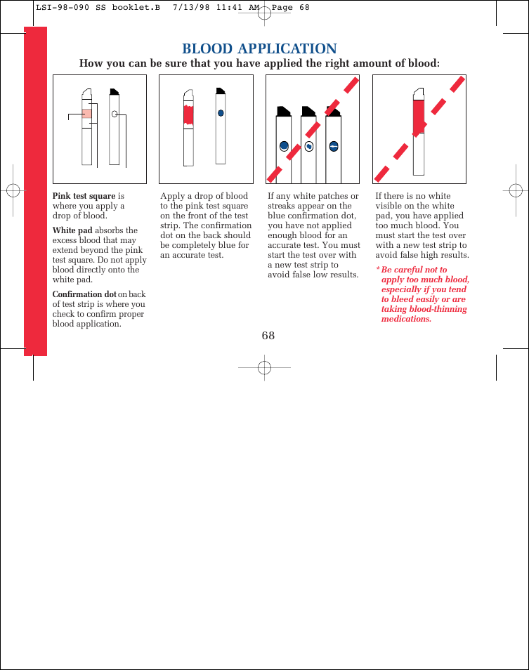 Blood application, Quick reference 68 | Lifescan SureStep blood glucose monitoring system User Manual | Page 76 / 77