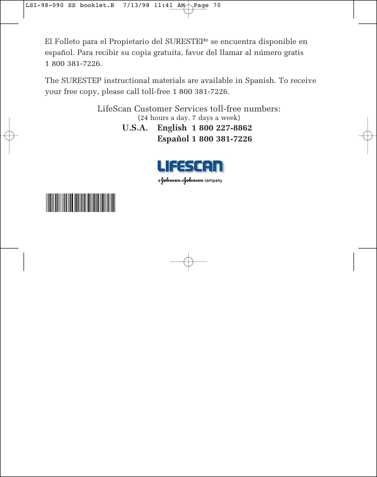 Lifescan customer services toll-free numbers | Lifescan SureStep blood glucose monitoring system User Manual | Page 77 / 77