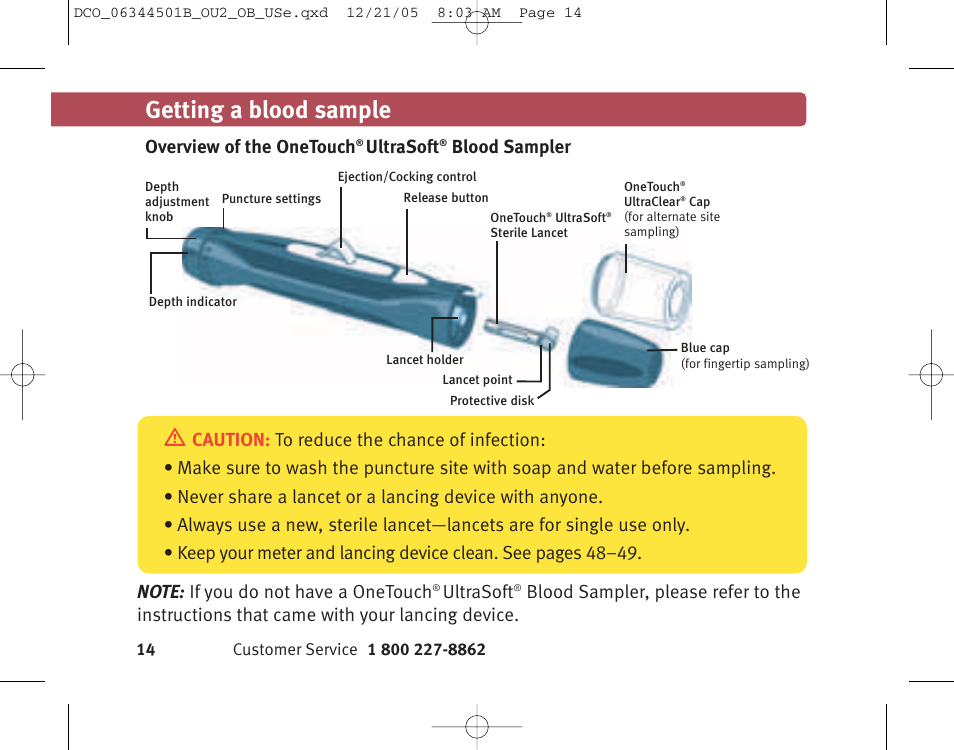 Getting a blood sample, Overview of the onetouch, Ultrasoft | Blood sampler | Lifescan Ultra 2 User Manual | Page 20 / 74
