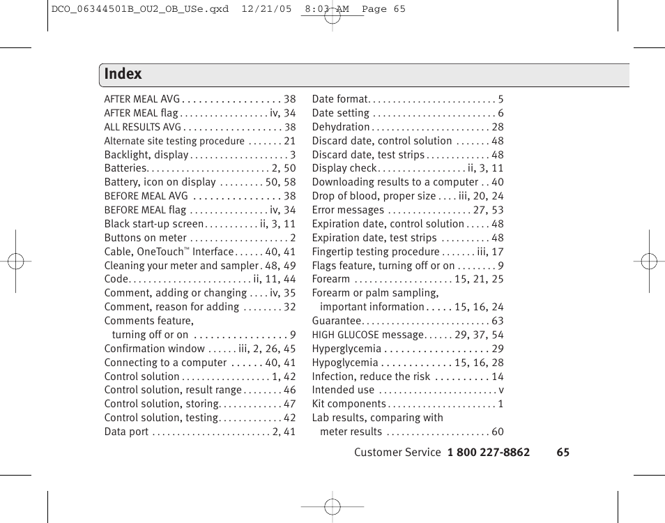 Index | Lifescan Ultra 2 User Manual | Page 71 / 74
