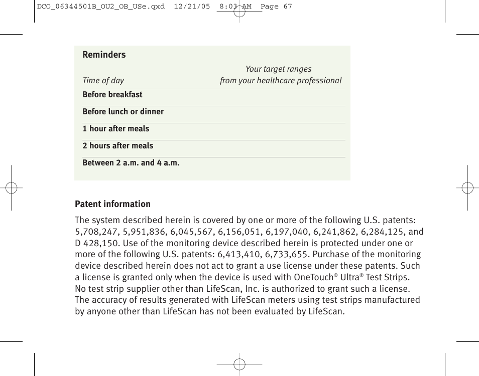 Lifescan Ultra 2 User Manual | Page 73 / 74