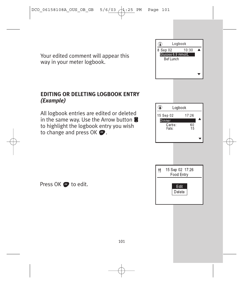 Press ok to edit | Lifescan UltraSmart User Manual | Page 110 / 134