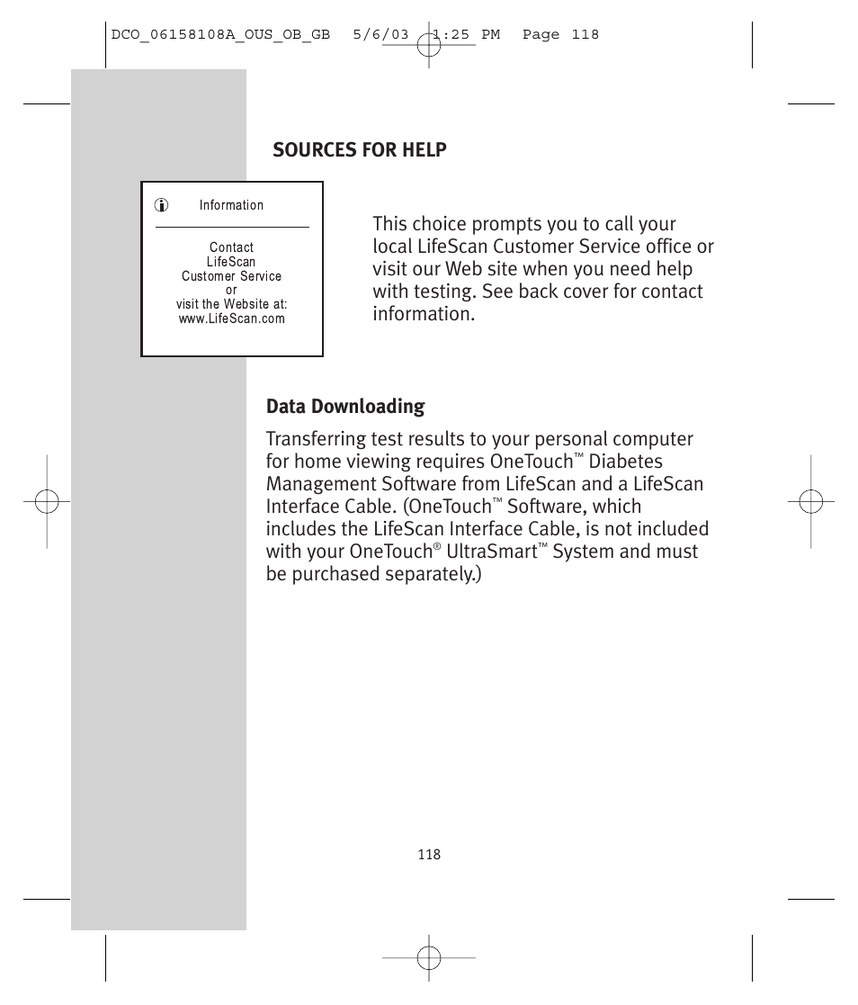 Ultrasmart, System and must be purchased separately.), Sources for help | Lifescan UltraSmart User Manual | Page 127 / 134
