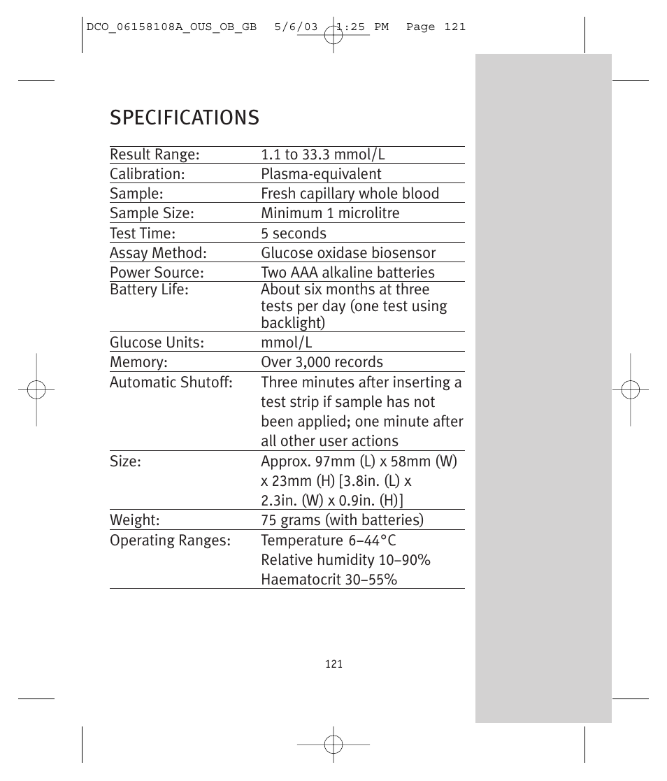 Specifications | Lifescan UltraSmart User Manual | Page 130 / 134