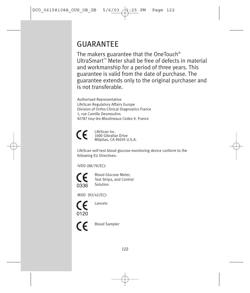 Guarantee, The makers guarantee that the onetouch, Ultrasmart | Lifescan UltraSmart User Manual | Page 131 / 134