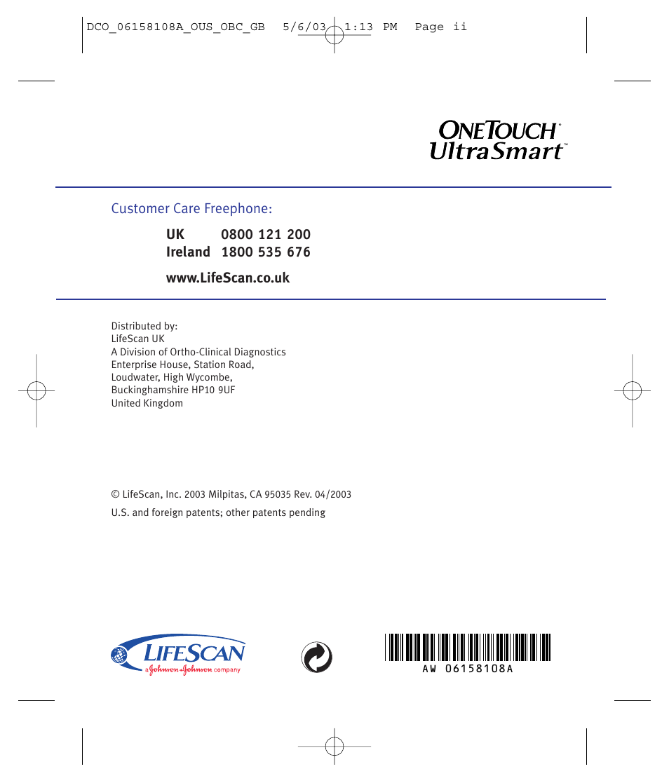 Lifescan UltraSmart User Manual | Page 134 / 134