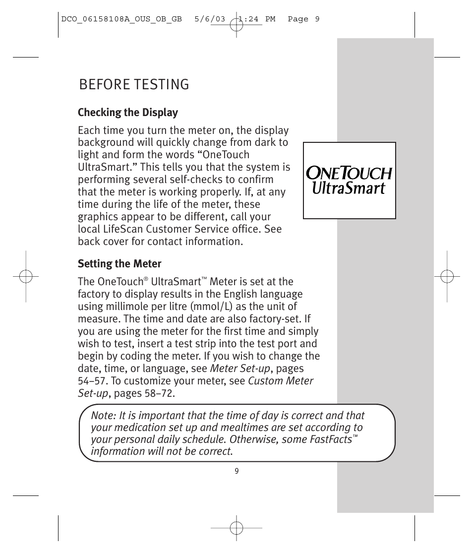 Ultrasmart, Before testing | Lifescan UltraSmart User Manual | Page 18 / 134