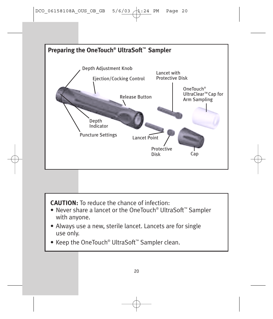 Preparing the onetouch, Ultrasoft, Sampler | Sampler clean | Lifescan UltraSmart User Manual | Page 29 / 134