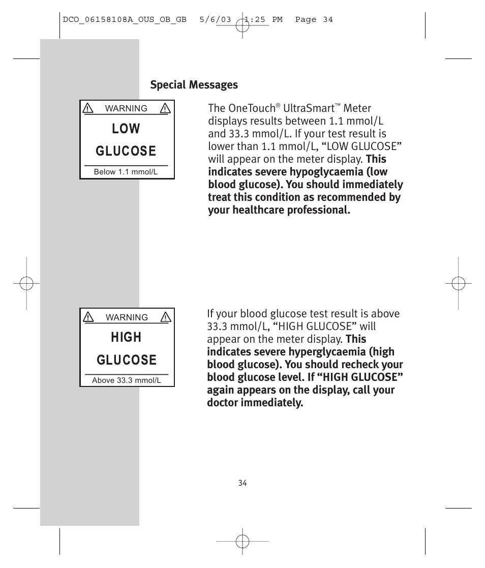 Low glucose, High glucose | Lifescan UltraSmart User Manual | Page 43 / 134