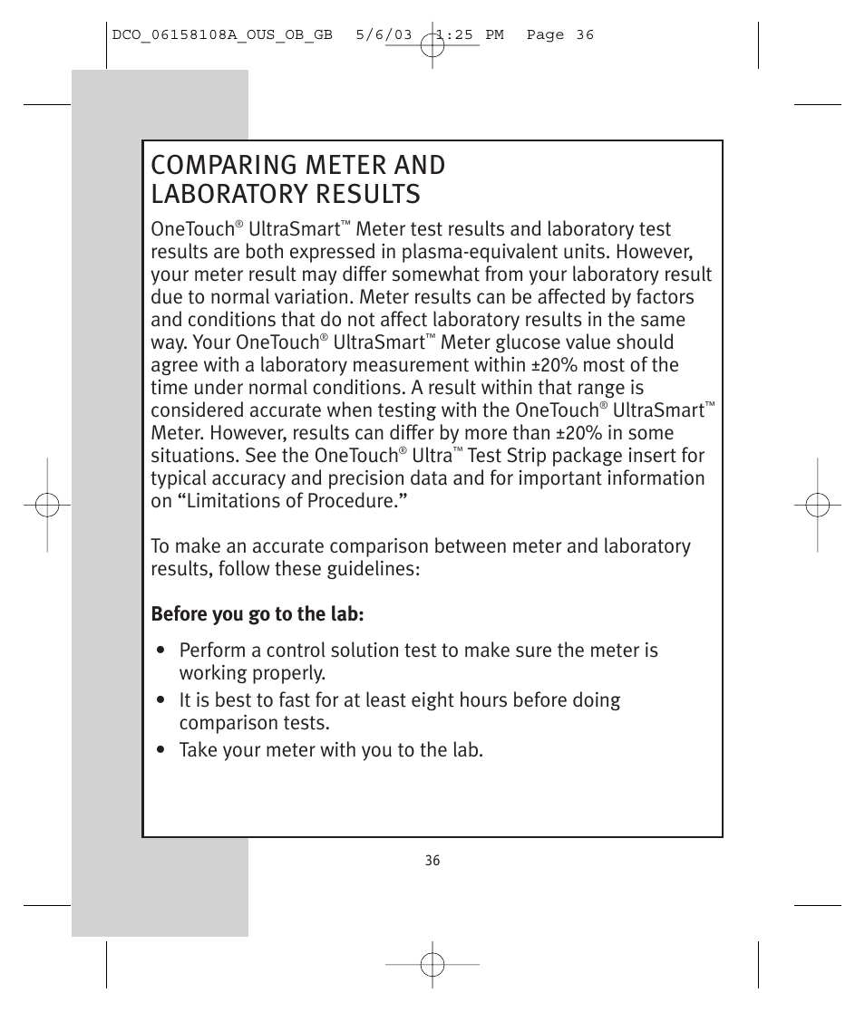 Comparing meter and laboratory results | Lifescan UltraSmart User Manual | Page 45 / 134
