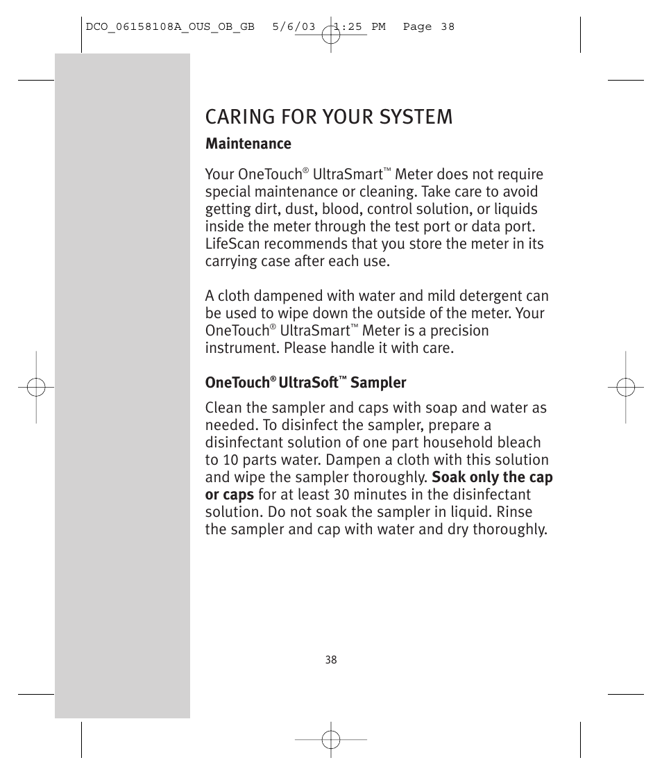 Caring for your system | Lifescan UltraSmart User Manual | Page 47 / 134