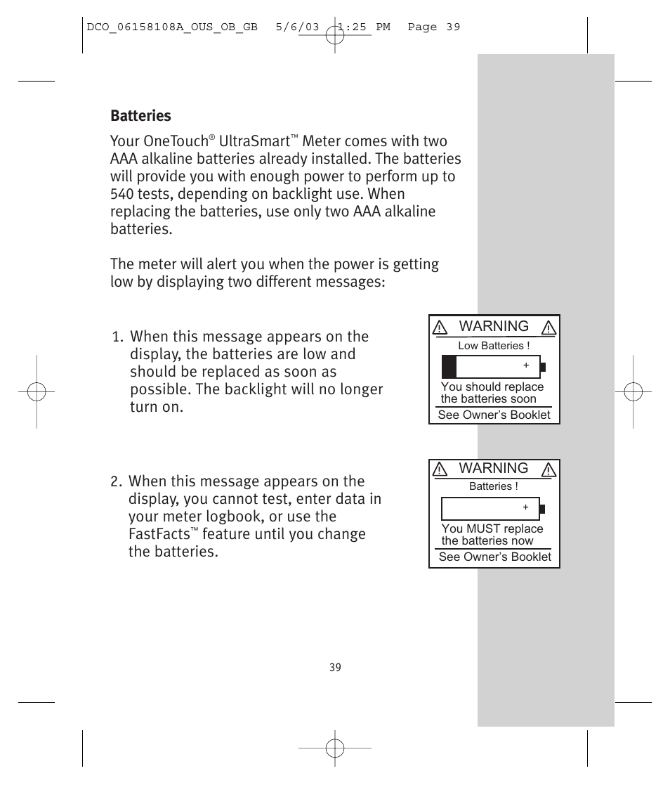 Feature until you change the batteries, Batteries your onetouch, Ultrasmart | Lifescan UltraSmart User Manual | Page 48 / 134