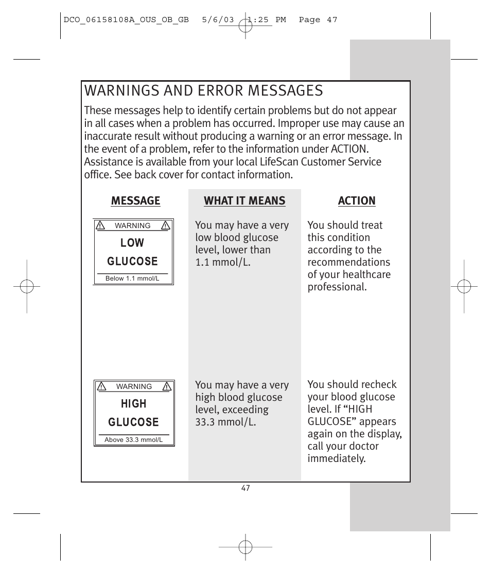 Warnings and error messages | Lifescan UltraSmart User Manual | Page 56 / 134