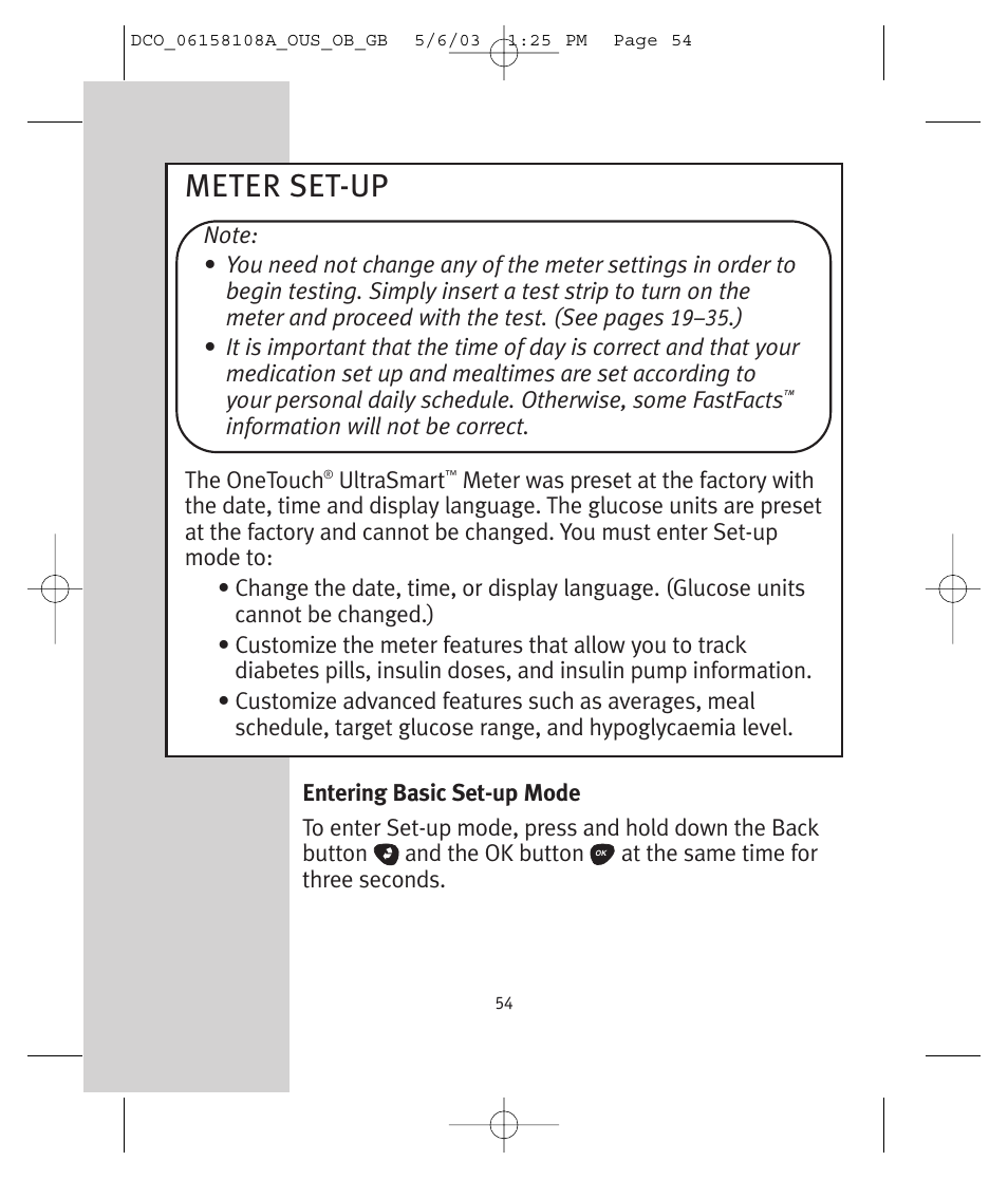 Meter set-up | Lifescan UltraSmart User Manual | Page 63 / 134
