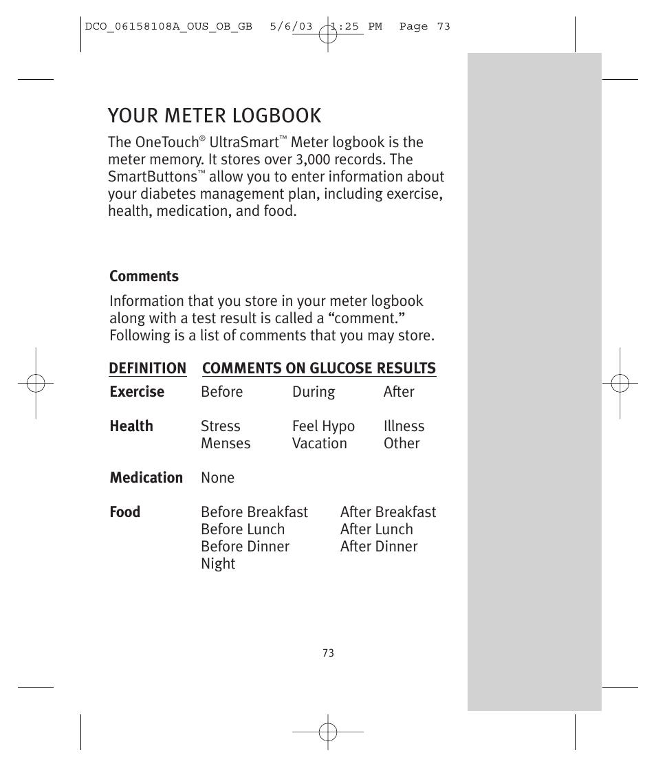 Your meter logbook | Lifescan UltraSmart User Manual | Page 82 / 134