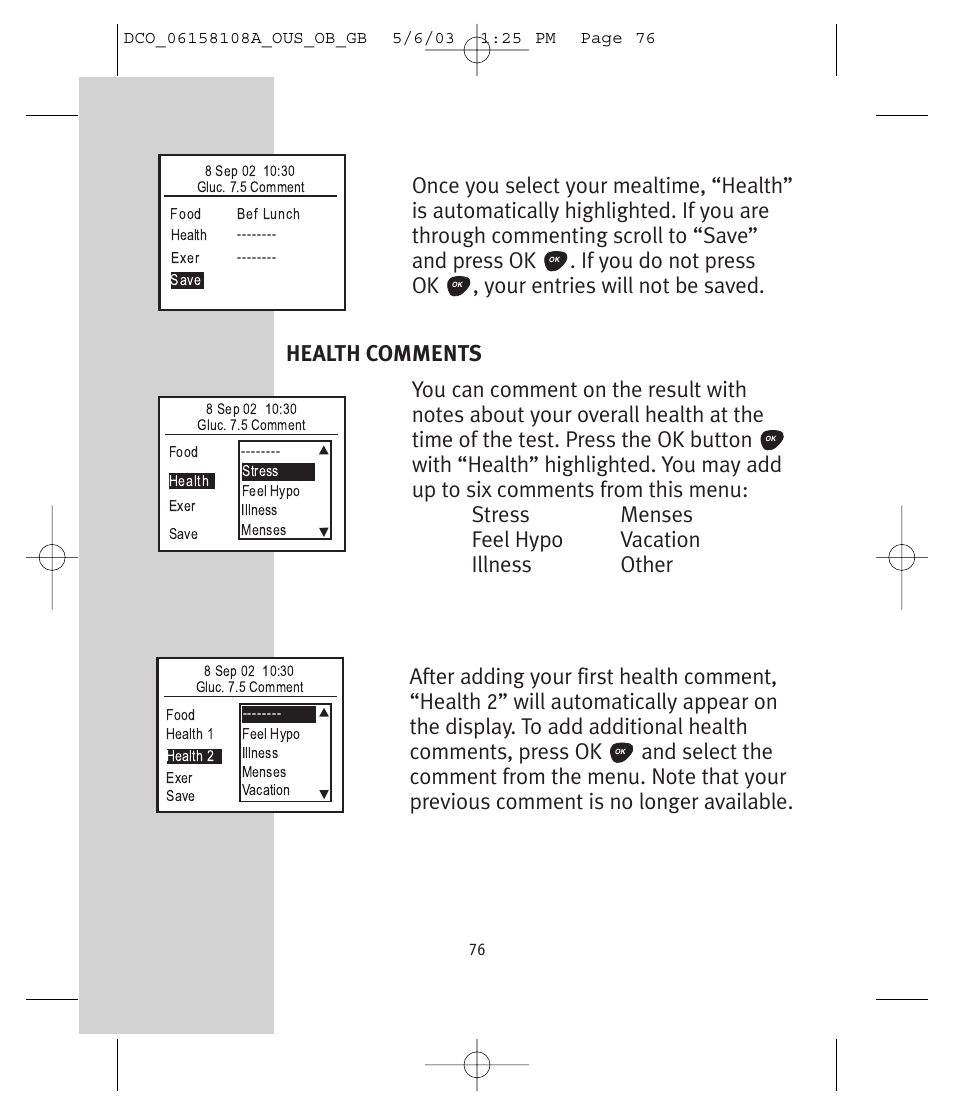 Health comments | Lifescan UltraSmart User Manual | Page 85 / 134