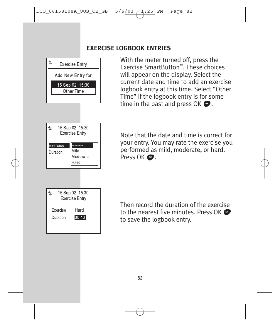 Exercise logbook entries | Lifescan UltraSmart User Manual | Page 91 / 134
