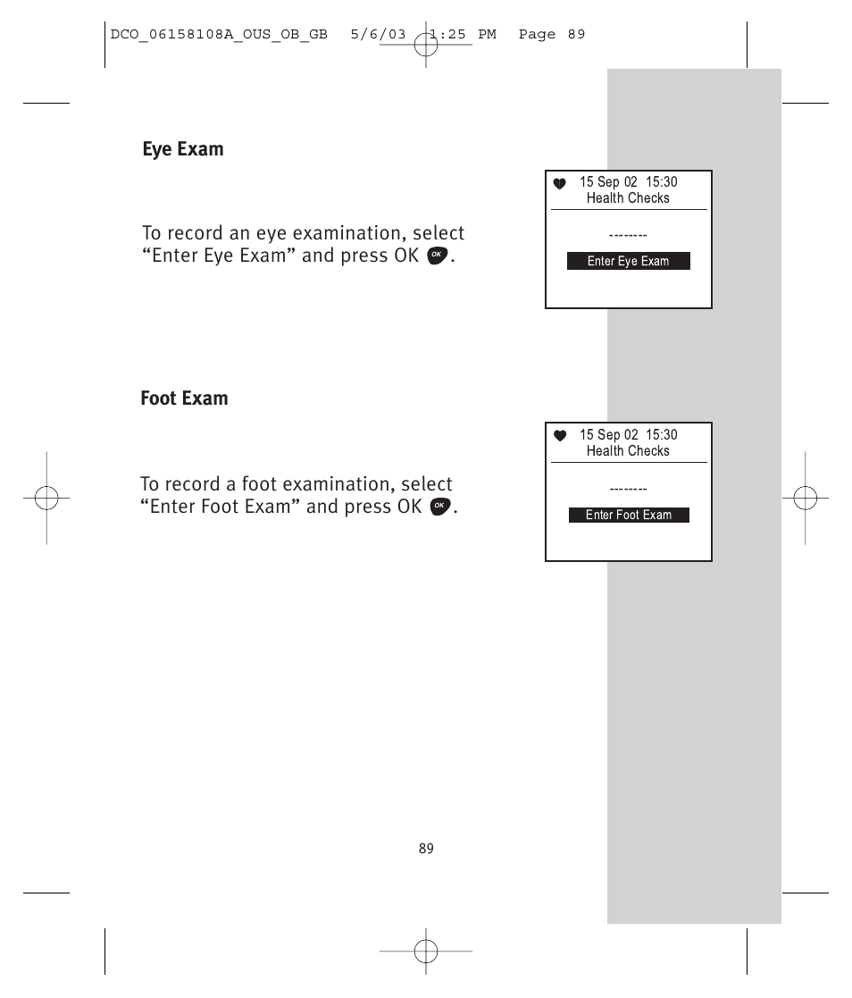 Foot exam, Eye exam | Lifescan UltraSmart User Manual | Page 98 / 134