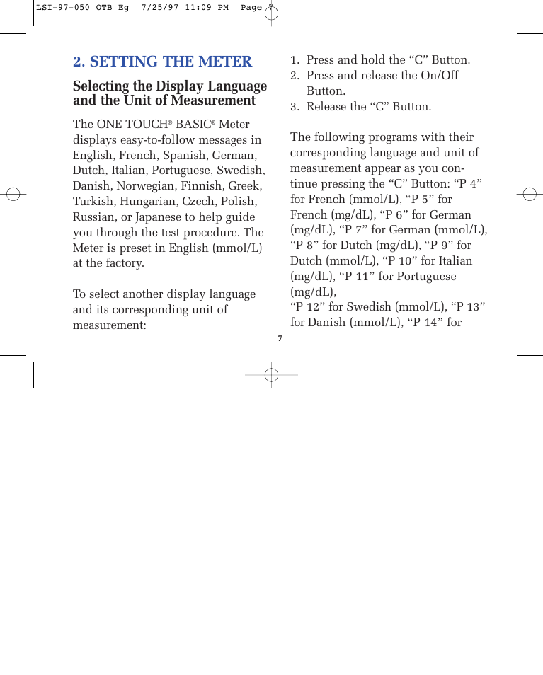 Setting the meter | Lifescan ONE TOUCH BASIC BLOOD GLUCOSE MONITORING SYSTEM User Manual | Page 14 / 85