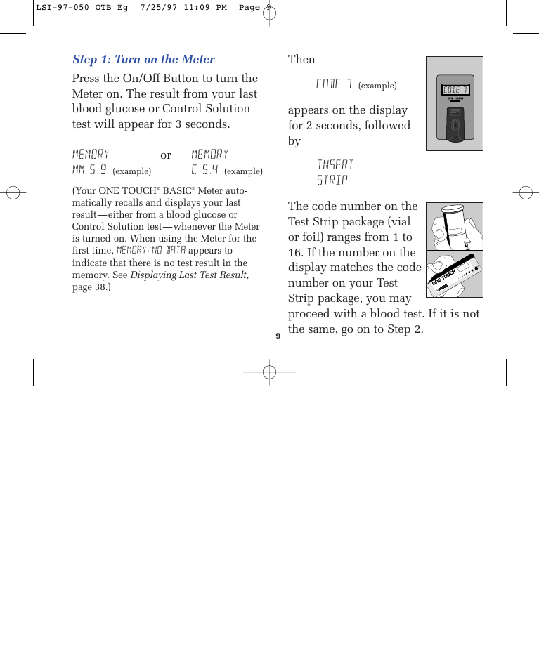 C 5 . 4, Then code 7, Your one touch | Basic, Example), Co de, Code 7 | Lifescan ONE TOUCH BASIC BLOOD GLUCOSE MONITORING SYSTEM User Manual | Page 16 / 85