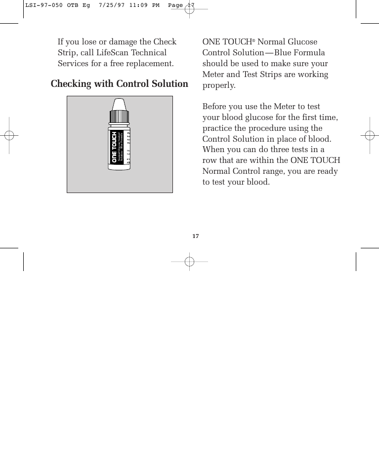 Checking with control solution, One touch | Lifescan ONE TOUCH BASIC BLOOD GLUCOSE MONITORING SYSTEM User Manual | Page 24 / 85