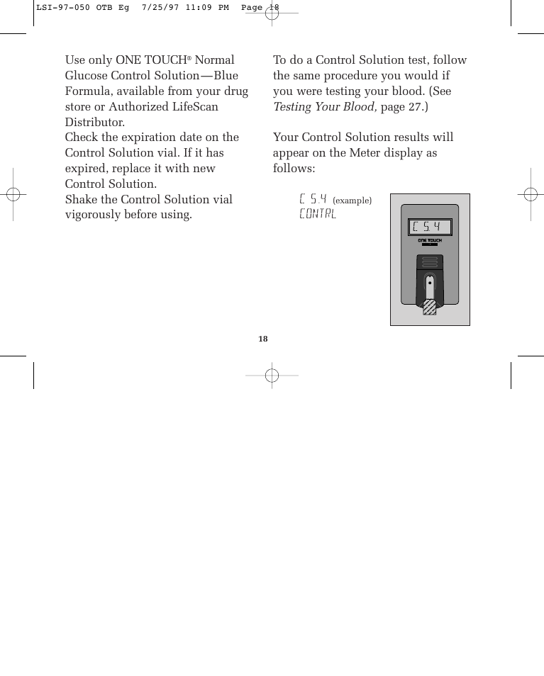 Use only one touch, Contrl | Lifescan ONE TOUCH BASIC BLOOD GLUCOSE MONITORING SYSTEM User Manual | Page 25 / 85