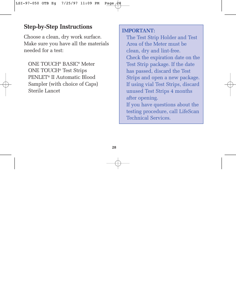 Step-by-step instructions, One touch, Basic | Meter, Test strips, Penlet, Ii automatic blood sampler (with choice of caps), Sterile lancet important | Lifescan ONE TOUCH BASIC BLOOD GLUCOSE MONITORING SYSTEM User Manual | Page 35 / 85