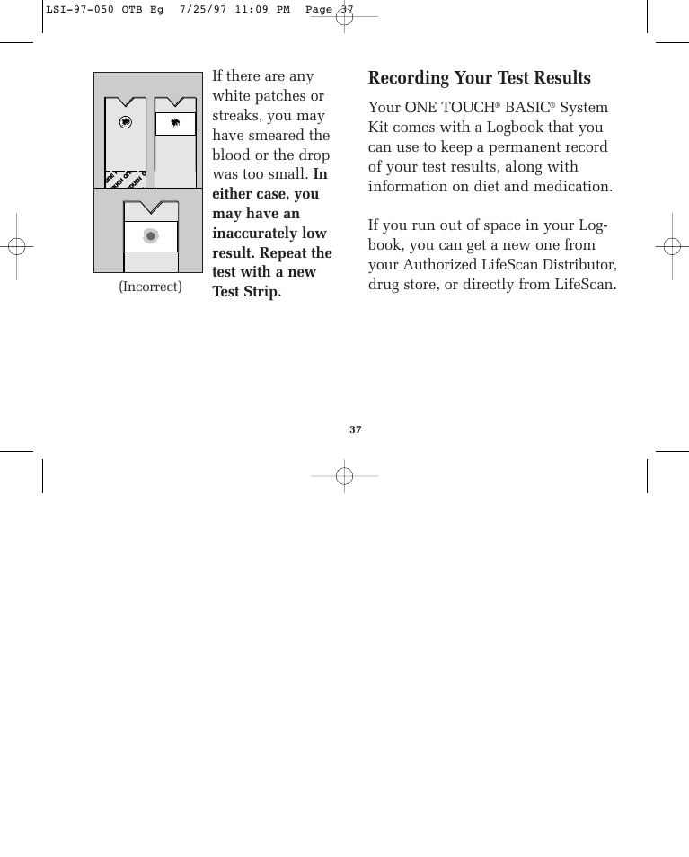 Recording your test results | Lifescan ONE TOUCH BASIC BLOOD GLUCOSE MONITORING SYSTEM User Manual | Page 44 / 85