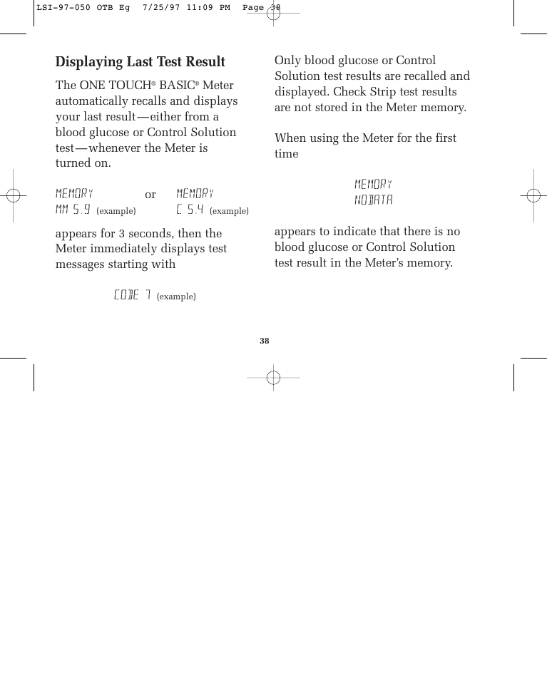 Displaying last test result | Lifescan ONE TOUCH BASIC BLOOD GLUCOSE MONITORING SYSTEM User Manual | Page 45 / 85