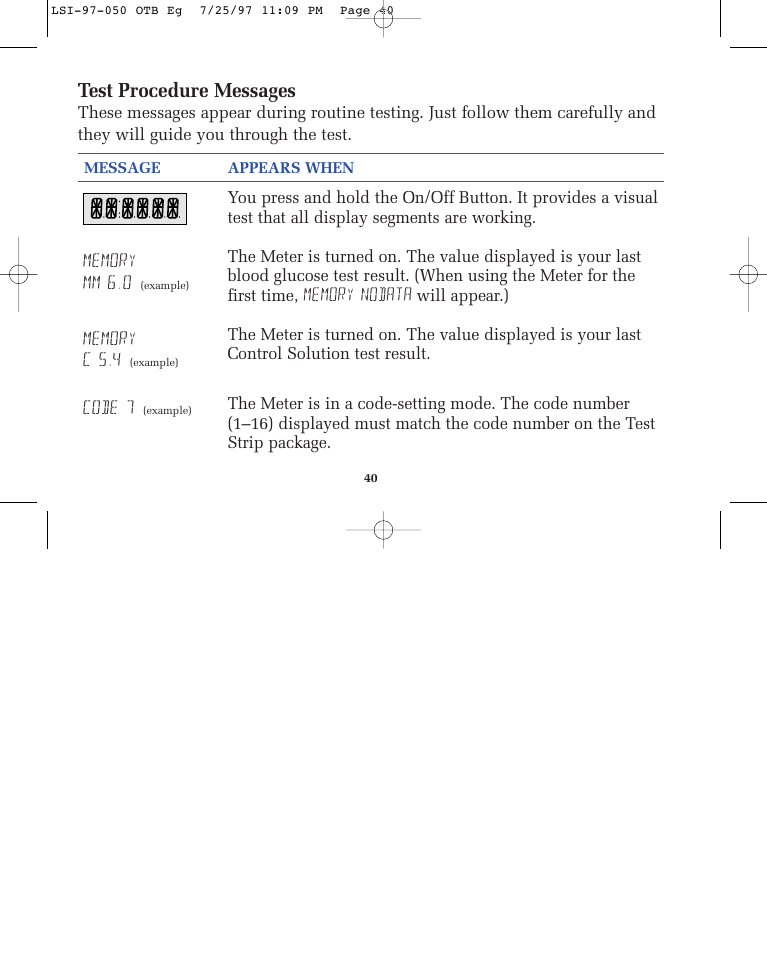 Test procedure messages | Lifescan ONE TOUCH BASIC BLOOD GLUCOSE MONITORING SYSTEM User Manual | Page 47 / 85