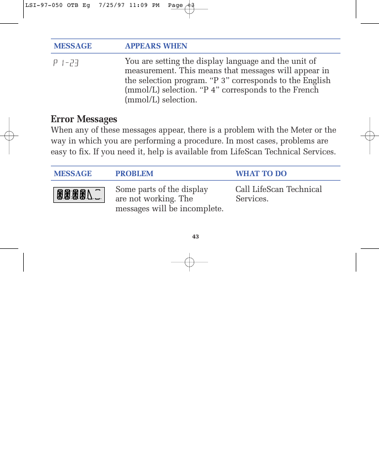 Error messages | Lifescan ONE TOUCH BASIC BLOOD GLUCOSE MONITORING SYSTEM User Manual | Page 50 / 85