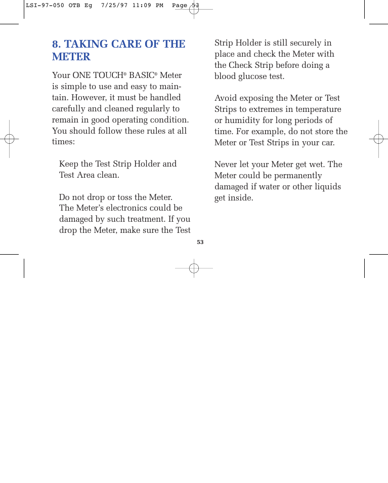 Taking care of the meter, Your one touch, Basic | Keep the test strip holder and test area clean | Lifescan ONE TOUCH BASIC BLOOD GLUCOSE MONITORING SYSTEM User Manual | Page 60 / 85