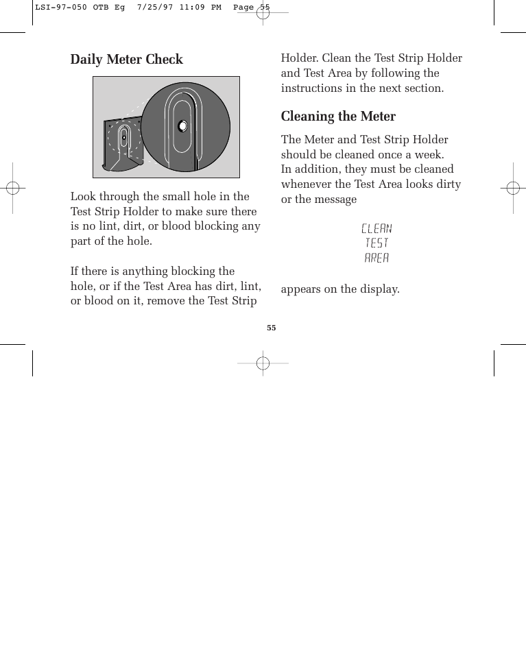 Daily meter check, Cleaning the meter | Lifescan ONE TOUCH BASIC BLOOD GLUCOSE MONITORING SYSTEM User Manual | Page 62 / 85
