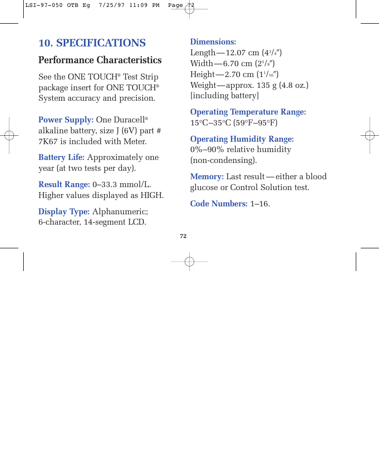 Specifications, Performance characteristics | Lifescan ONE TOUCH BASIC BLOOD GLUCOSE MONITORING SYSTEM User Manual | Page 79 / 85