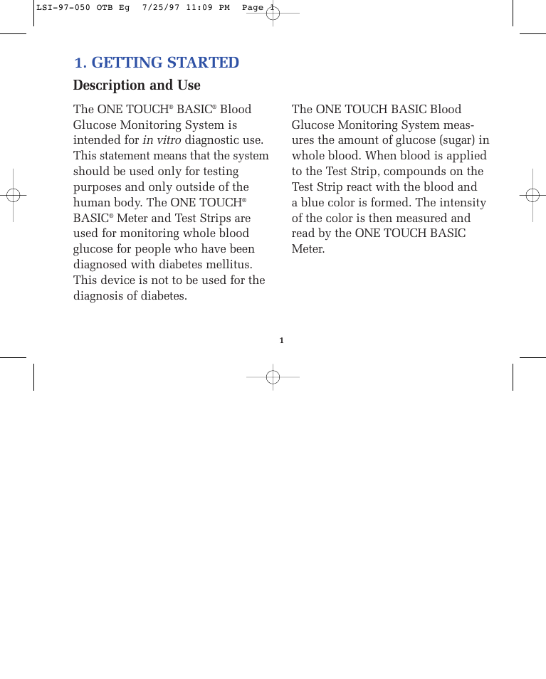 Getting started, Description and use | Lifescan ONE TOUCH BASIC BLOOD GLUCOSE MONITORING SYSTEM User Manual | Page 8 / 85