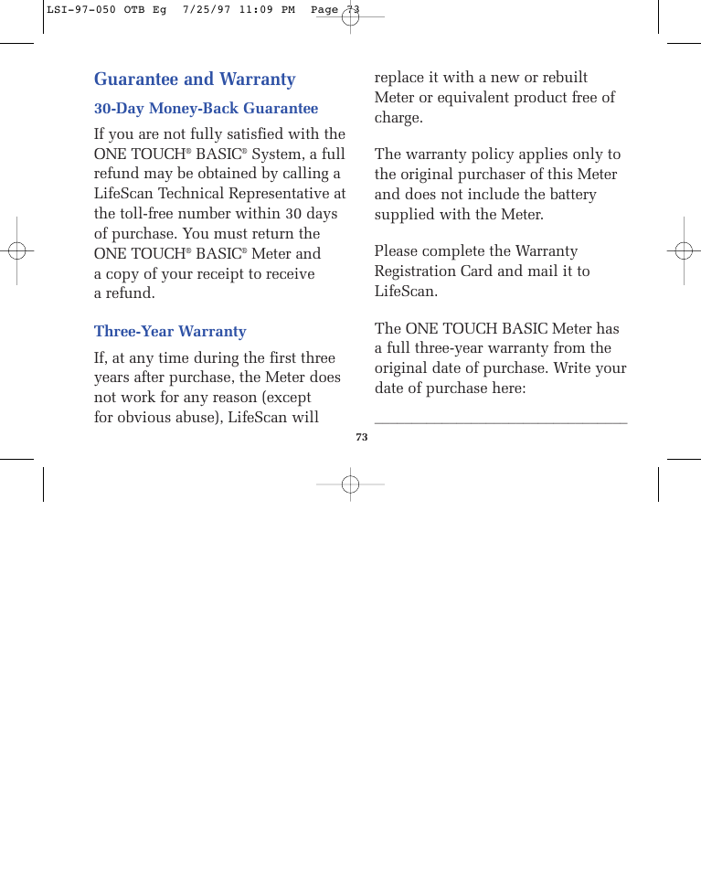 Guarantee and warranty | Lifescan ONE TOUCH BASIC BLOOD GLUCOSE MONITORING SYSTEM User Manual | Page 80 / 85