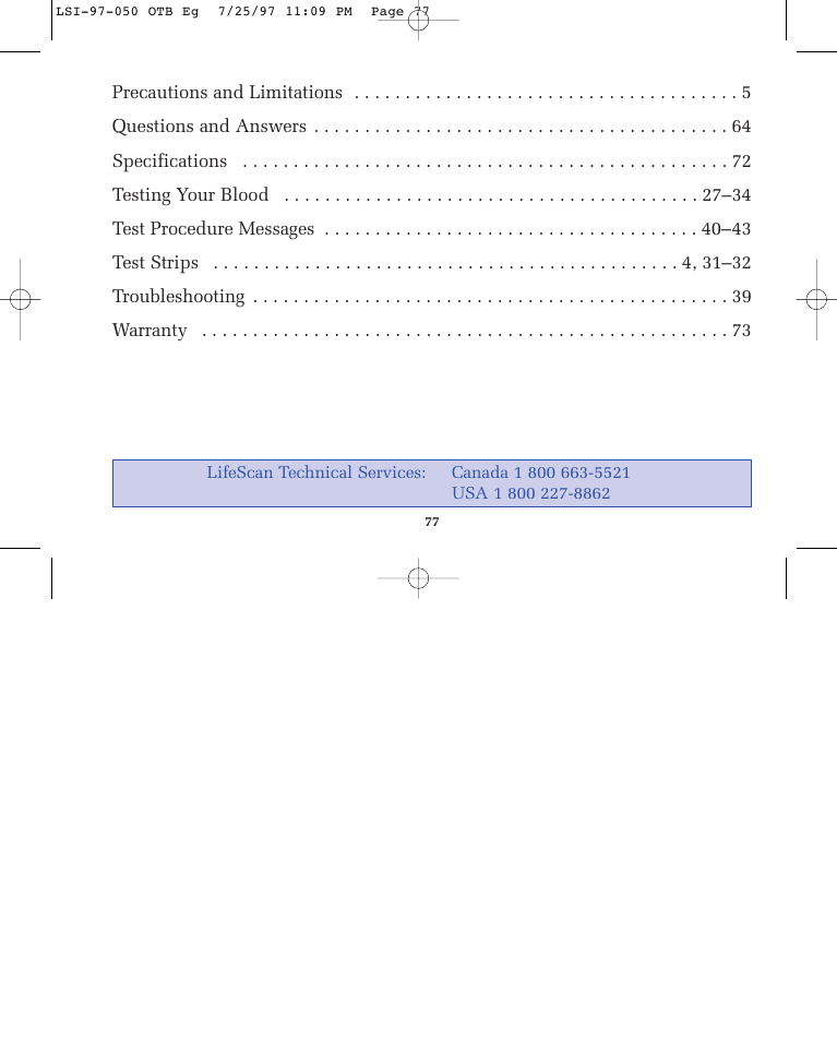 Lifescan ONE TOUCH BASIC BLOOD GLUCOSE MONITORING SYSTEM User Manual | Page 84 / 85