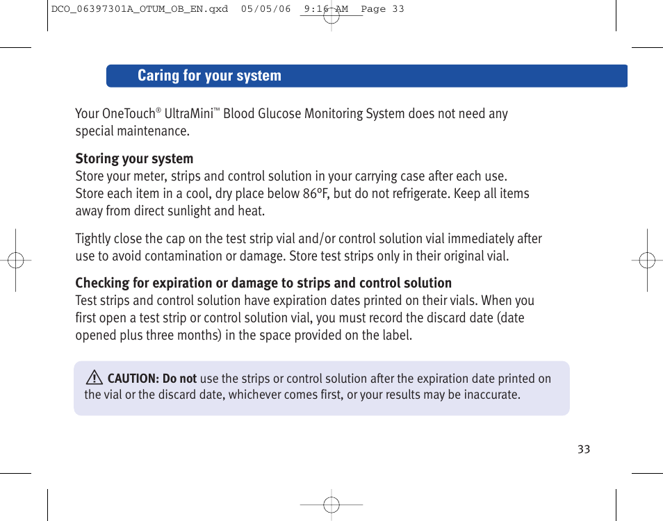 Caring for your system | Lifescan ONE TOUCH Profile Blood Glucose Monitoring System User Manual | Page 38 / 55