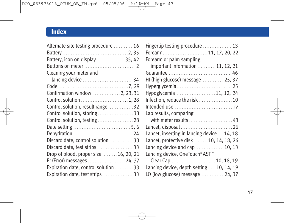 Index | Lifescan ONE TOUCH Profile Blood Glucose Monitoring System User Manual | Page 52 / 55