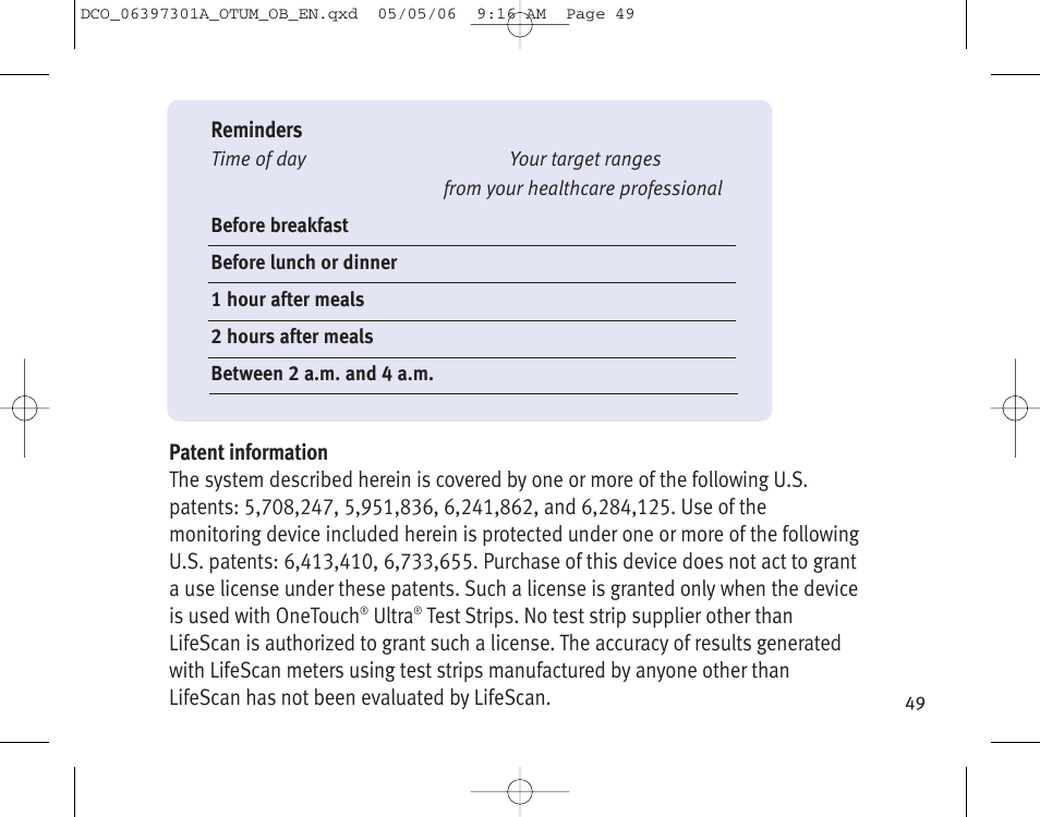 Lifescan ONE TOUCH Profile Blood Glucose Monitoring System User Manual | Page 54 / 55