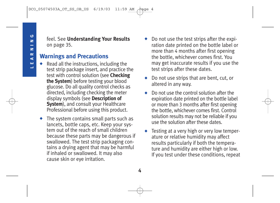 Warnings and precautions | Lifescan SureStep Blood Glucose Monitor User Manual | Page 14 / 88