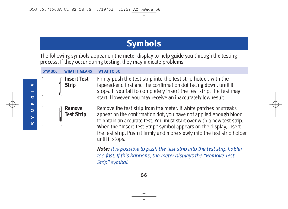 Symbols | Lifescan SureStep Blood Glucose Monitor User Manual | Page 66 / 88