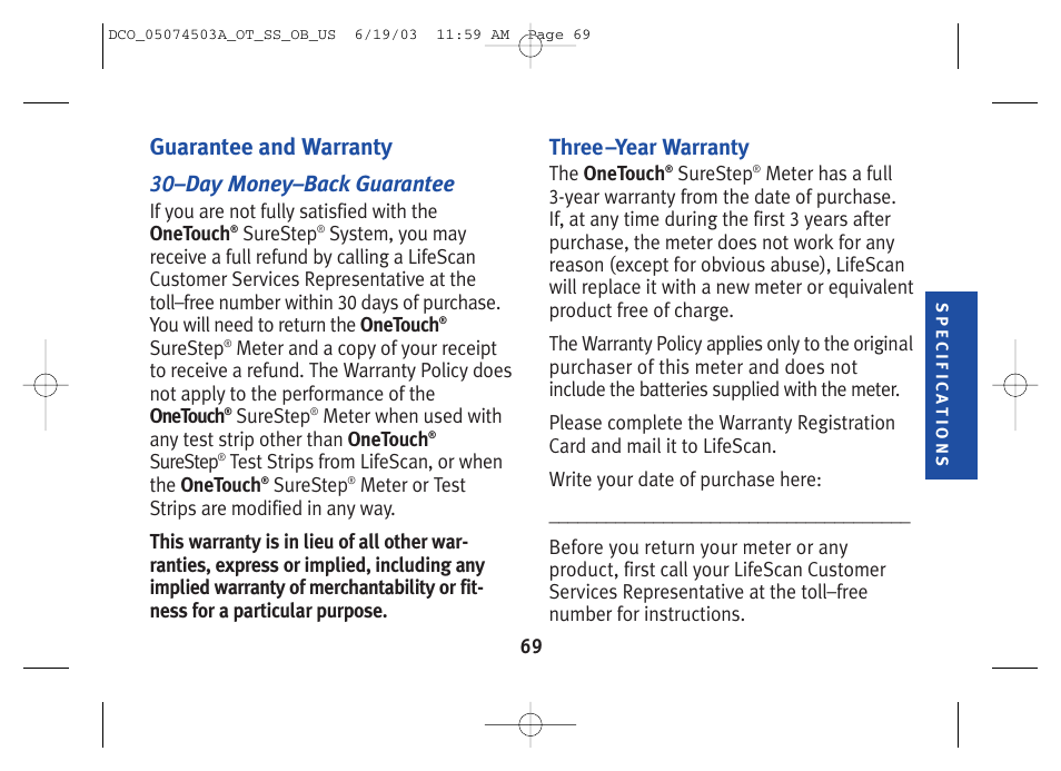 Guarantee and warranty, 30 –day money–back guarantee, Three –year warranty | Lifescan SureStep Blood Glucose Monitor User Manual | Page 79 / 88